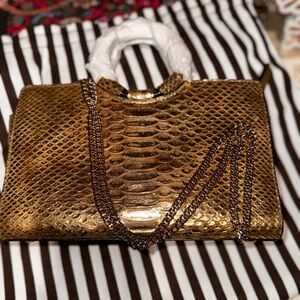 HENRI  BENDEL handbag Metallic Gold Faux Python Shoulder Bag With Chain